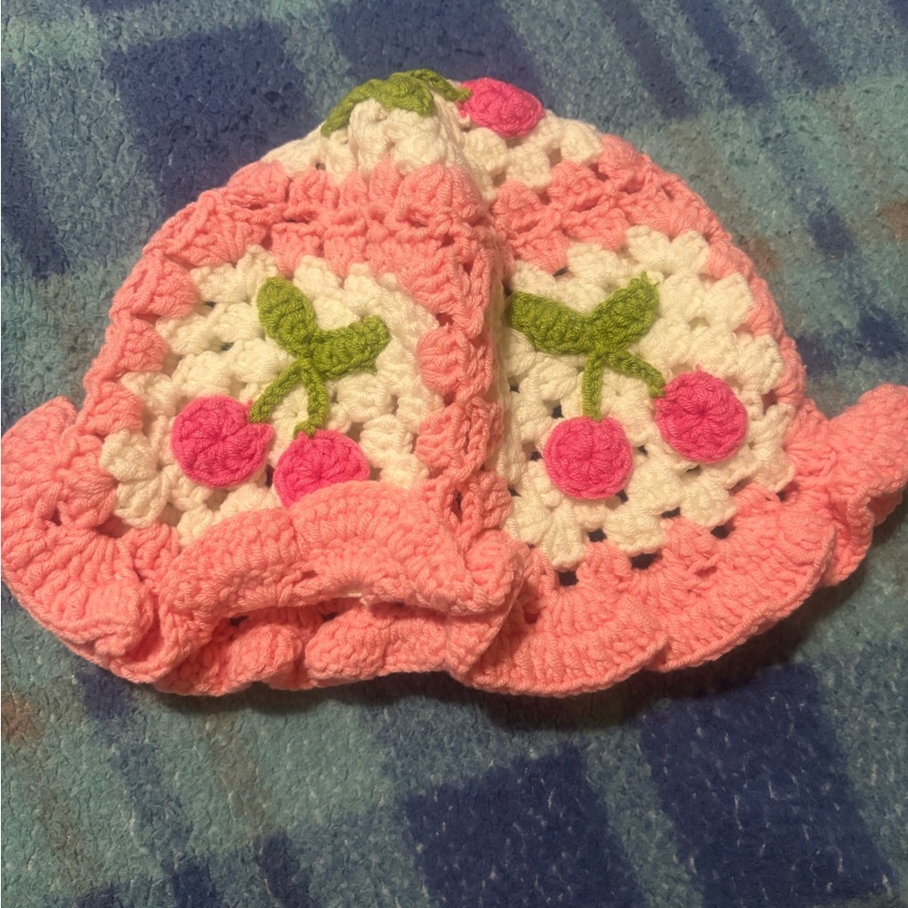Pink Crochet Cherry adult Hat